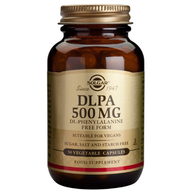 The product "DLPA 500 mg 50 Vegetable Capsules" by Solgar is packaged in a brown glass bottle and serves as a dietary supplement containing L-phenylalanine. It is suitable for vegans and free from sugar, salt, and starch.