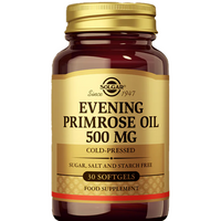 Thumbnail for A container of Solgar's Evening Primrose Oil 500 mg includes 30 softgels, which are high in gamma-linolenic acid (GLA), cold-pressed, and do not contain sugar, salt, or starch.