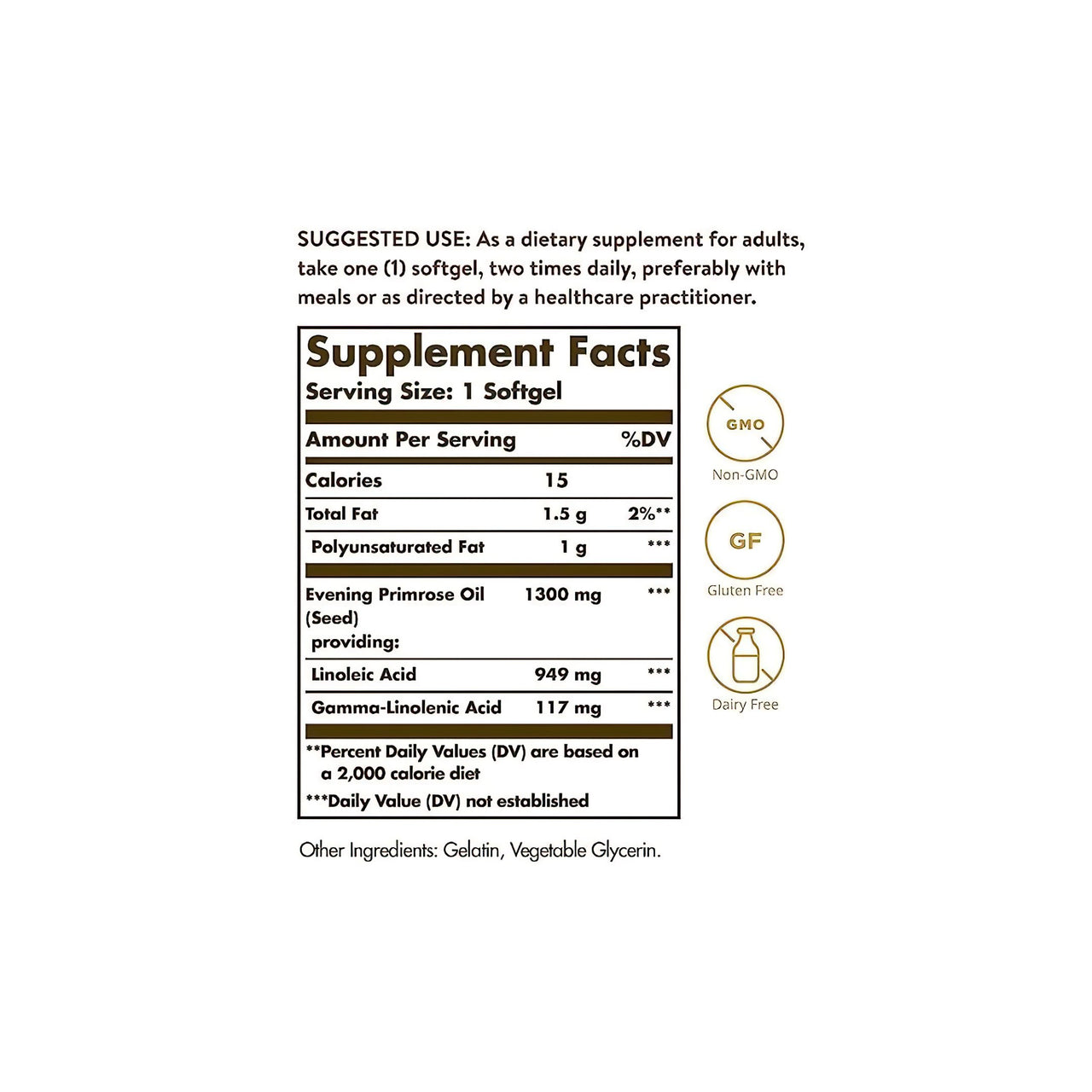 Ein Etikett mit den Inhaltsstoffen von Solgar's Nachtkerzenöl 1300 mg 60 Weichkapseln.