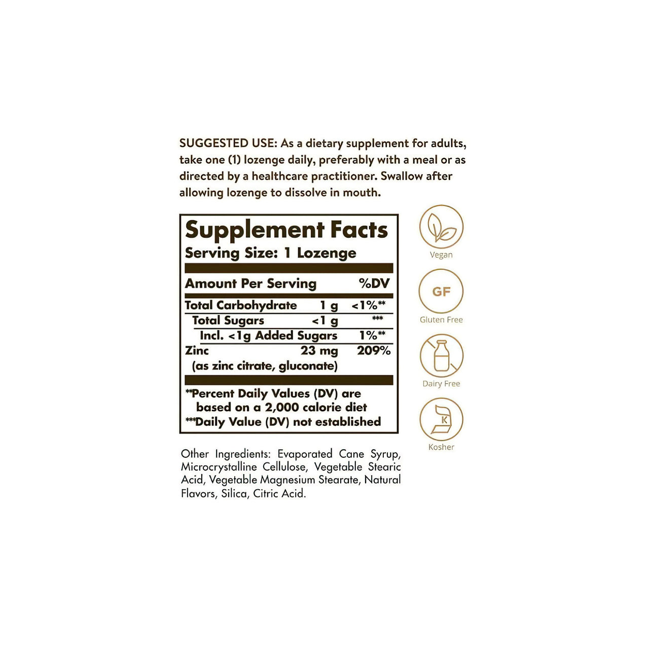 Ein Etikett mit dem Inhalt von Solgar Flavo-Zinc Zink 23 mg 50 Lutschtabletten.