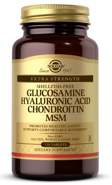 Eine Flasche Solgar Glucosamin, Hyaluronsäure, Chondroitin & MSM 120 Tabs.