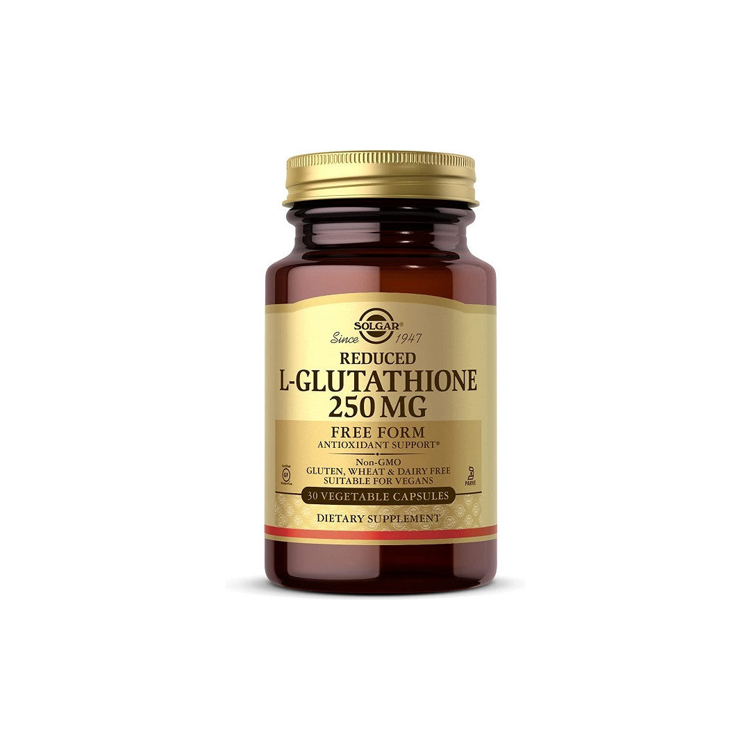 Eine Flasche Solgar Reduziertes L-Glutathion 250mg Kapseln, ein antioxidatives Ergänzungsmittel.