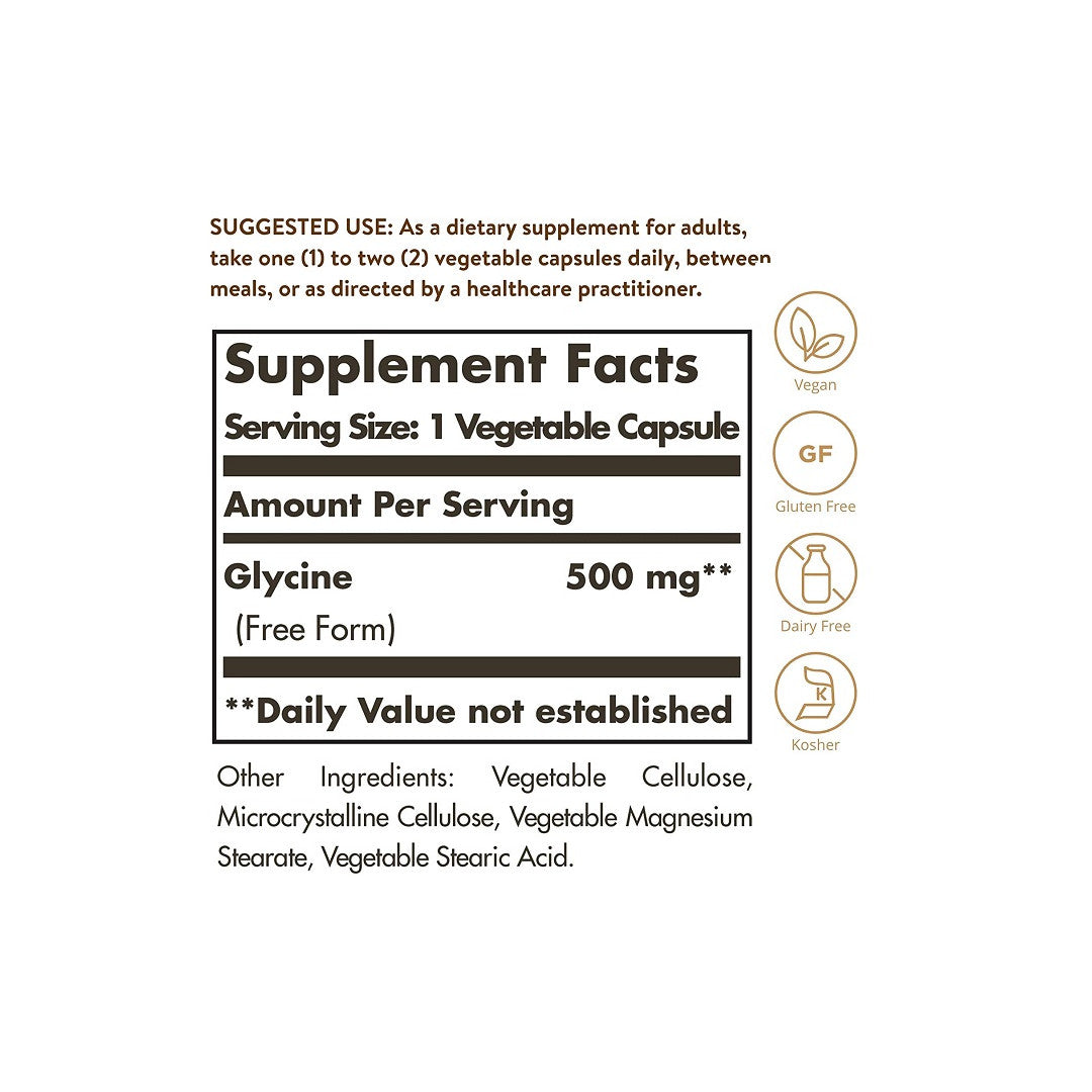 Ein Etikett für Solgar's Glycine 500 mg 100 Vegetable Capsules, ein Nahrungsergänzungsmittel, das Ginkgo biloba enthält.
