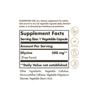 Vorschaubild für ein Etikett für Solgar's Glycine 500 mg 100 Vegetable Capsules, ein Nahrungsergänzungsmittel, das Ginkgo biloba enthält.