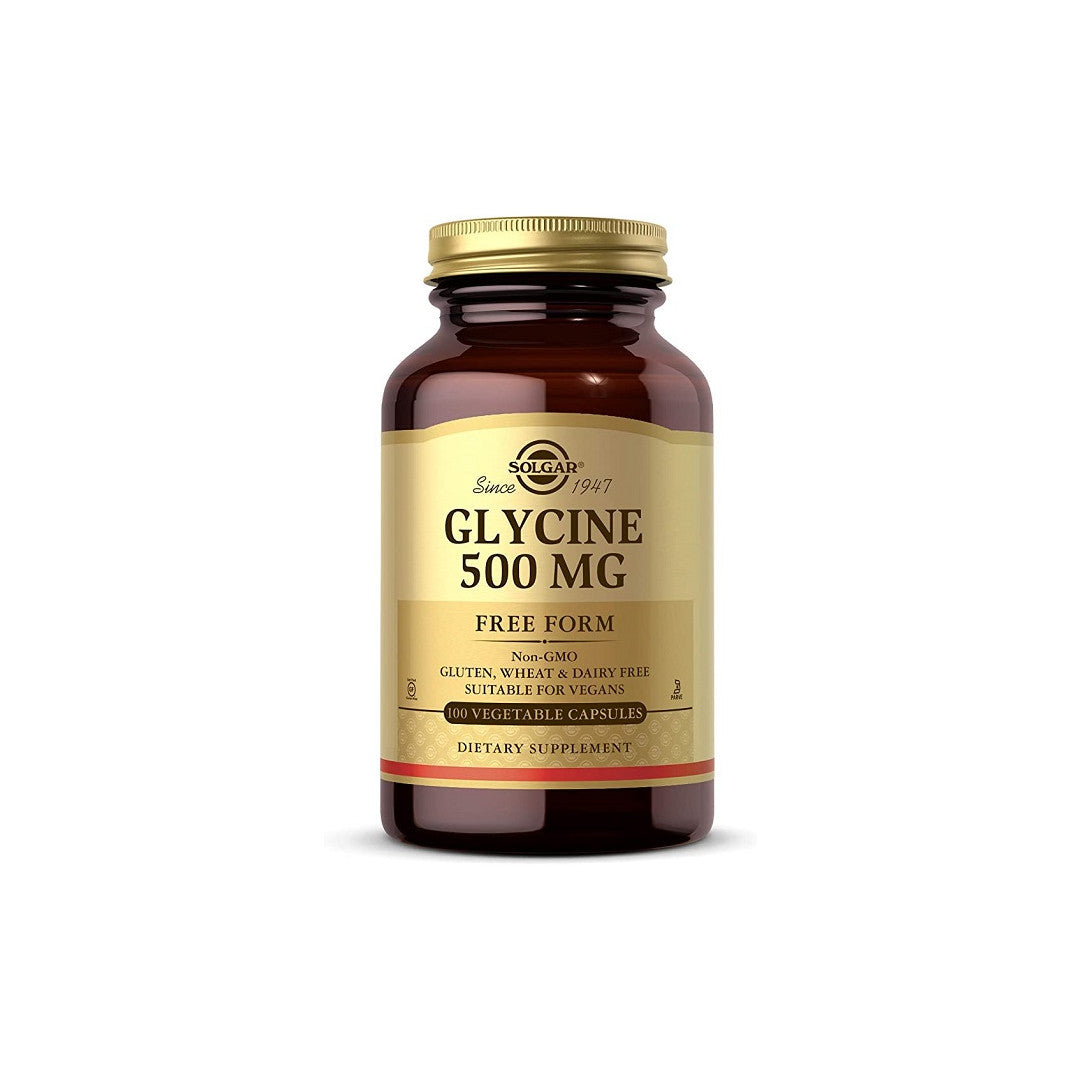Eine Flasche Solgar Glycin 500 mg 100 pflanzliche Kapseln auf einem weißen Hintergrund.