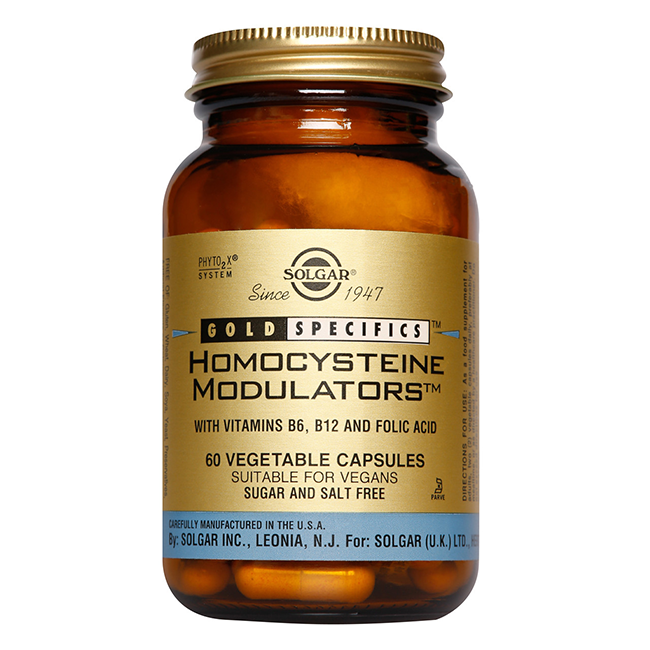 Solgar's "Homocysteine Modulators 60 Vegetable Capsules" comes in a brown bottle and includes essential B vitamins such as B6, B12, and folic acid. Enhanced with trimethylglycine, this product is vegan-friendly and free of sugar and salt.