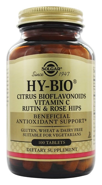 Eine Flasche Solgar Hy-Bio 100 Tabletten (500 mg Vitamin C mit 500 mg Bioflavonoiden), Rutin und Hüfte.