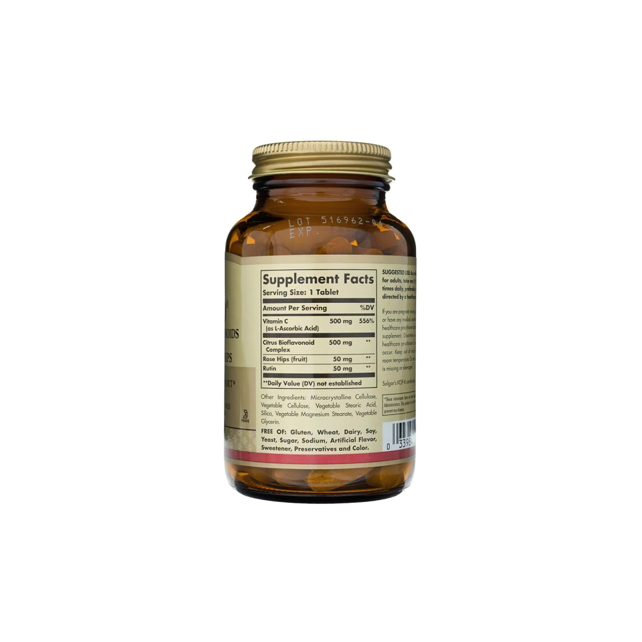 Eine Flasche mit Solgar Hy-Bio 100 Tabletten (500 mg Vitamin C mit 500 mg Bioflavonoiden) auf einem weißen Hintergrund.