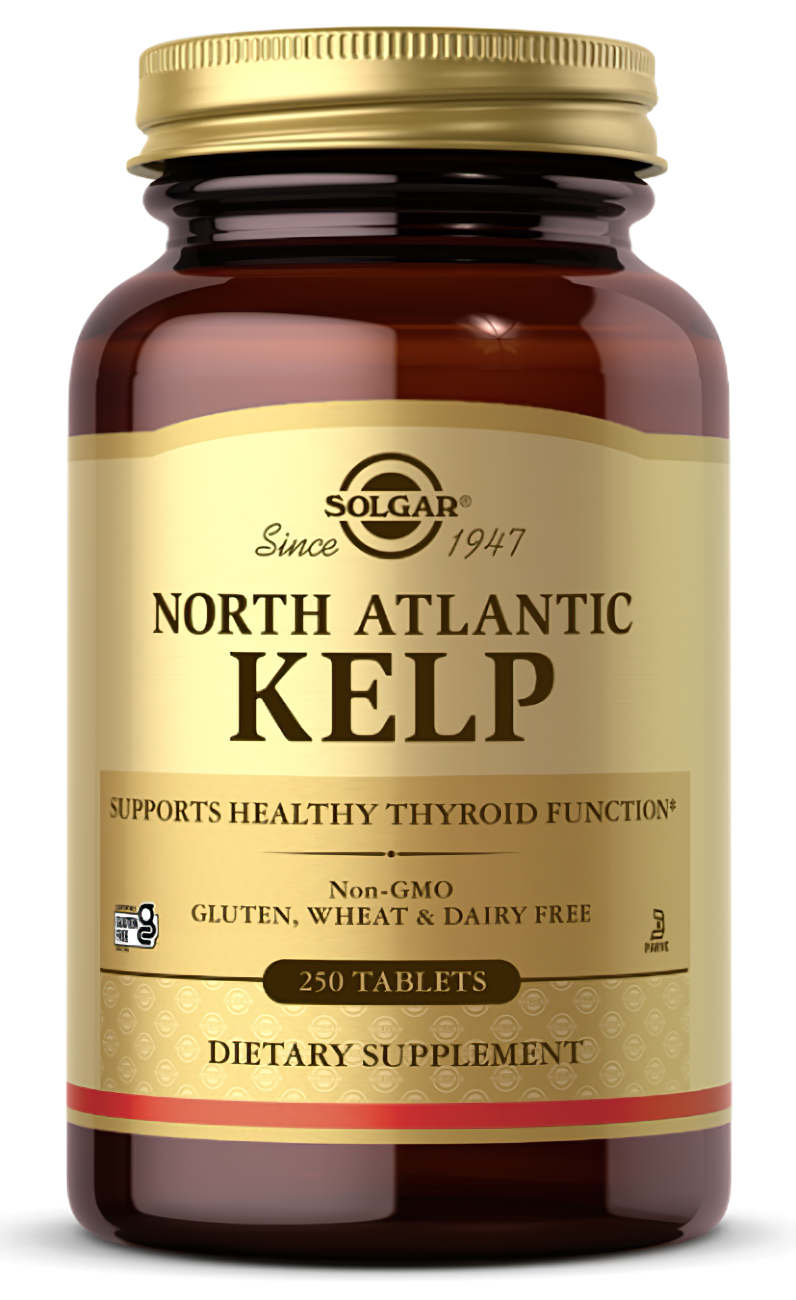 Eine Flasche Solgar Nordatlantik Kelp 200 mcg 250 Tabletten, reich an Jod zur Unterstützung einer gesunden Schilddrüse.