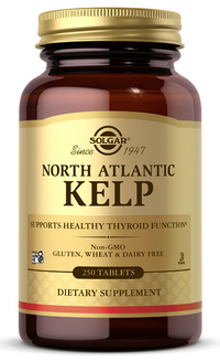 Vorschaubild für Eine Flasche Solgar Nordatlantik Kelp 200 mcg 250 Tabletten, reich an Jod zur Unterstützung einer gesunden Schilddrüse.