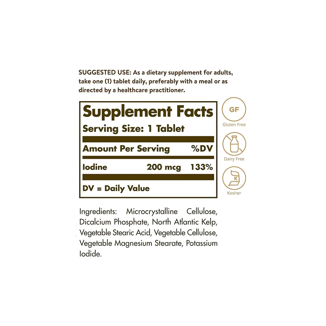 Ein Solgar Etikett mit den Inhaltsstoffen des Nahrungsergänzungsmittels Nordatlantischer Kelp 200 mcg 250 Tabletten, einschließlich Jod.