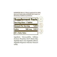 Miniaturansicht für Ein Solgar Etikett mit den Inhaltsstoffen eines Nahrungsergänzungsmittels mit Nordatlantischem Kelp 200 mcg 250 Tabletten, einschließlich Jod.