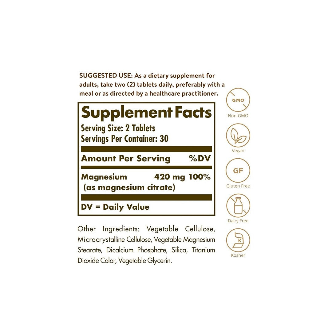 Ein Etikett mit den Inhaltsstoffen des Nahrungsergänzungsmittels Magnesiumcitrat 420 mg 60 Tabs von Solgar.