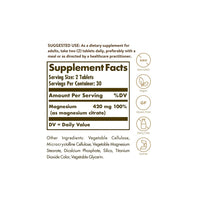 Vorschaubild für Ein Etikett mit den Inhaltsstoffen von Solgar's Magnesium Citrate 420 mg 60 tabs supplement.