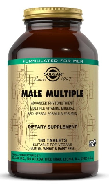 Eine Flasche Solgar Male Multiple Multivitamins & Minerals for Men 180 Tabletten.