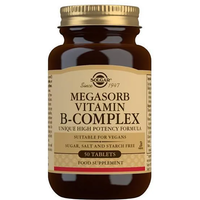 Thumbnail for The Solgar Megasorb Vitamin B-Complex 50 Tablets is a dietary supplement in a brown bottle designed for vegans. This formula, free from sugar, salt, and starch, provides essential B vitamins to support optimal health.