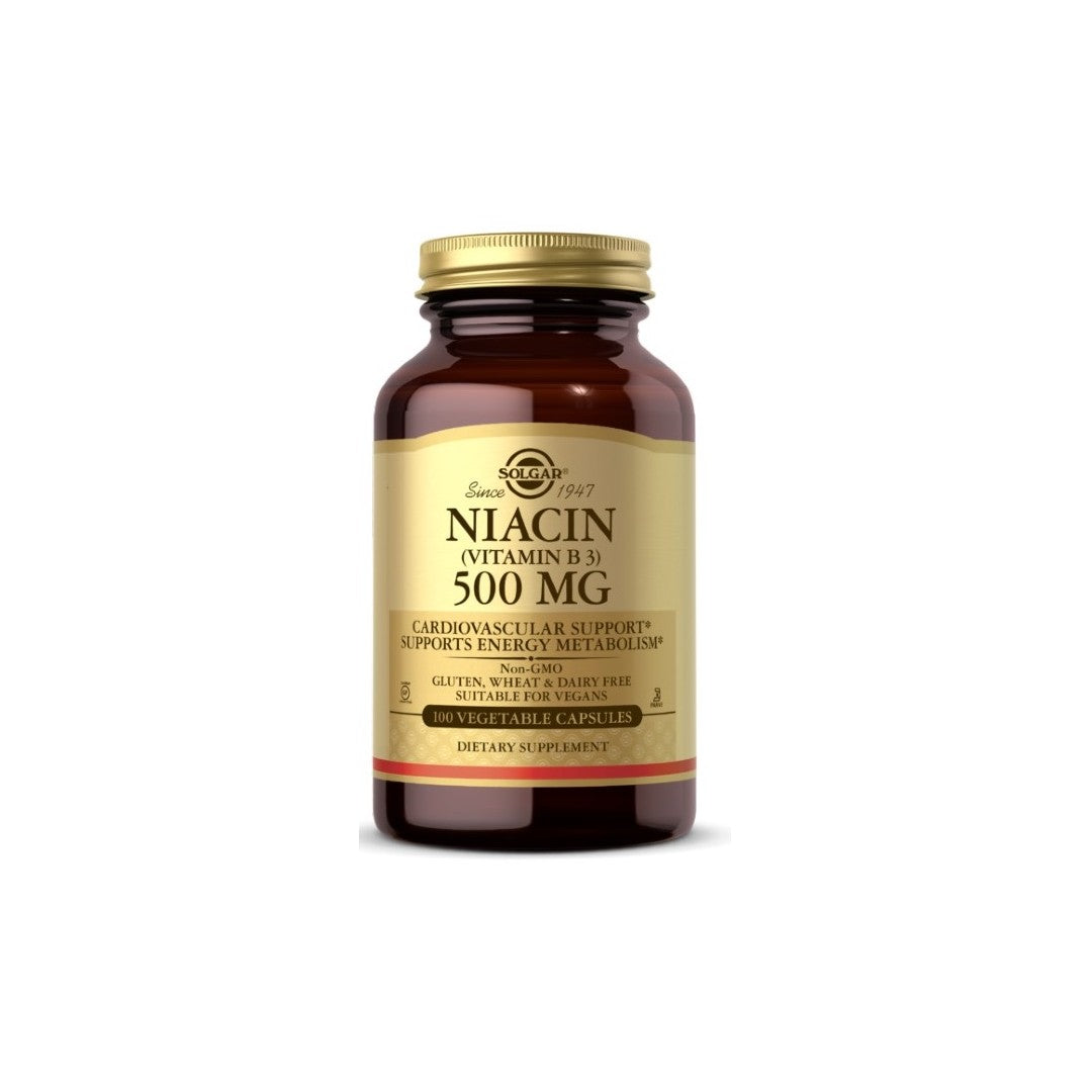Solgar Niacin Vitamin B3 500 mg 100 pflanzliche Kapseln für die kardiovaskuläre Gesundheit auf weißem Hintergrund.