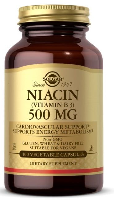 Eine Flasche Solgar Niacin Vitamin B3 500 mg 100 pflanzliche Kapseln, die die kardiovaskuläre Gesundheit unterstützen und helfen, die Blutfettwerte zu regulieren.