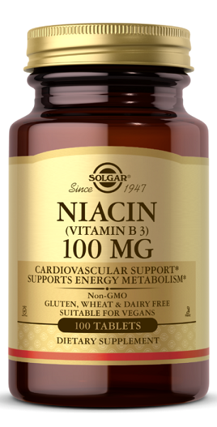 Eine Flasche Solgar Niacin Vitamin B-3 100 mg 100 Tabletten für die Gesundheit des Nervensystems und den Energiestoffwechsel.