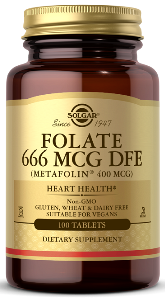 Eine Flasche FOLATE 666 MCG DFE (METAFOLIN® 400 MCG) 100 TAB von Solgar.