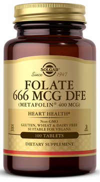 Vorschaubild für Eine Flasche FOLATE 666 MCG DFE (METAFOLIN® 400 MCG) 100 TAB von Solgar.