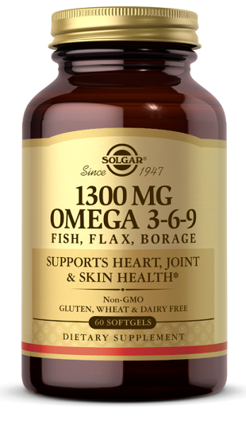 Eine Flasche Solgar Omega 3-6-9 60 sgel, reich an essentiellen Fettsäuren und molekular destilliert.