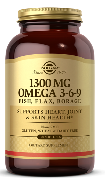 Eine Flasche Solgar Omega 3-6-9 1300 mg 120 Weichkapseln, reich an Omega-3-Fettsäuren.