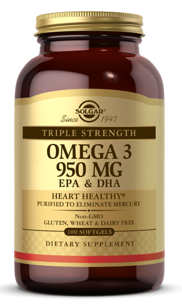 Solgar's Triple Strength Omega-3, 950 mg EPA & DHA 100 softgel supports cardiovascular health.