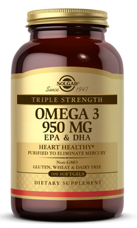 Thumbnail for Solgar's Triple Strength Omega-3, 950 mg EPA & DHA 100 softgel supports cardiovascular health.