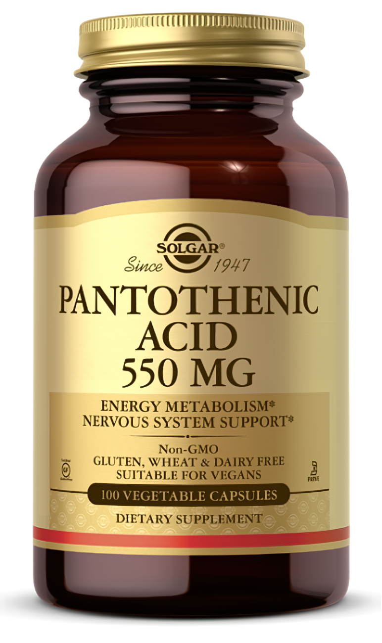 Solgar Pantothensäure 550 mg 100 pflanzliche Kapseln ist ein Nahrungsergänzungsmittel, das den essentiellen Nährstoff Pantothensäure zur Unterstützung der allgemeinen Gesundheit und des Wohlbefindens liefert.