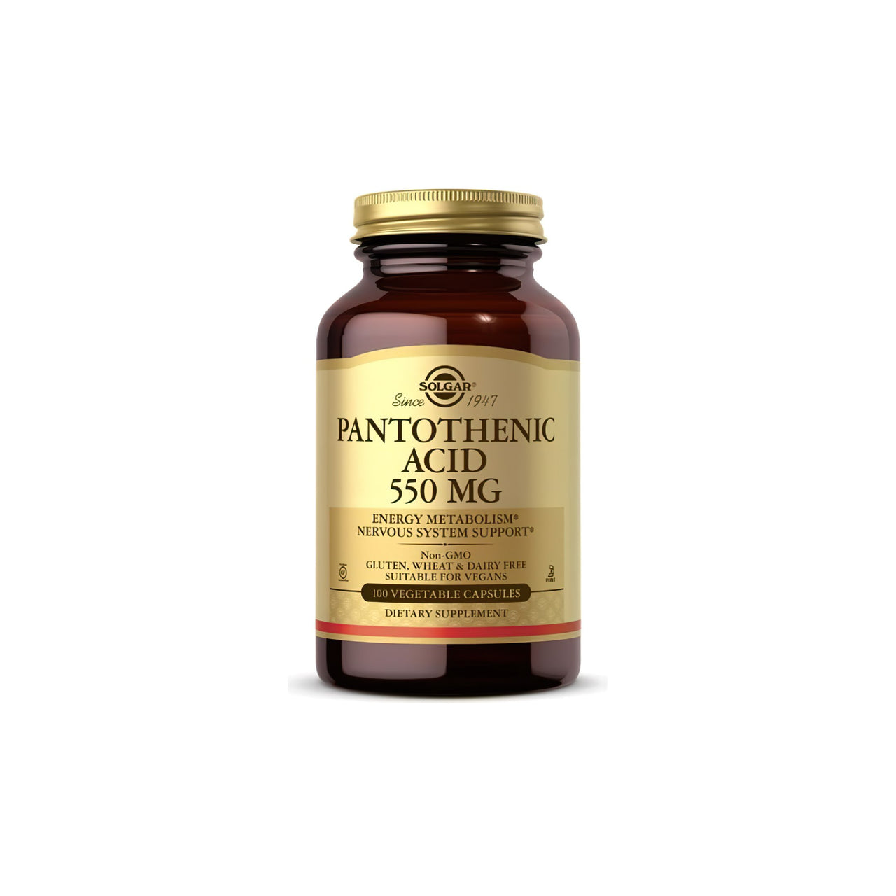 Solgar Pantothensäure 550 mg Nahrungsergänzungsmittel Kapseln, die 200 mg Pantothensäure enthalten.