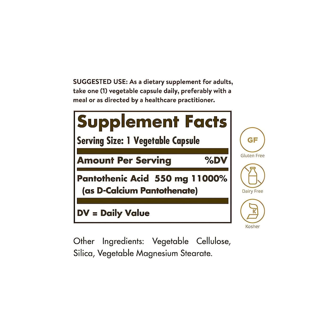 Ein Solgar Etikett mit den Inhaltsstoffen eines Nahrungsergänzungsmittels, darunter Pantothensäure 550 mg 100 pflanzliche Kapseln.