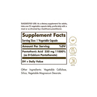 Vorschaubild für Ein Solgar Etikett mit den Inhaltsstoffen eines Nahrungsergänzungsmittels, darunter Pantothensäure 550 mg 100 pflanzliche Kapseln.