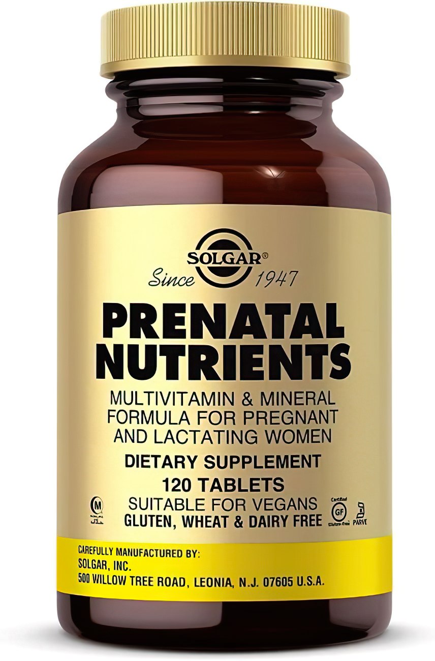 Eine Flasche Solgar Prenatal Nutrients 120 Tabletten.
