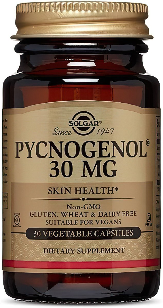 Eine Flasche Solgar Pycnogenol 30 mg 30 VCaps, die die Gesundheit des Gehirns unterstützen sollen.