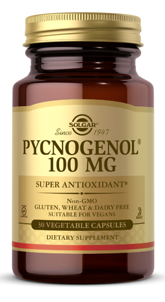 Eine Flasche Solgar Pycnogenol 100 mg 30 pflanzliche Kapseln, die die Gesundheit des Gehirns fördern.