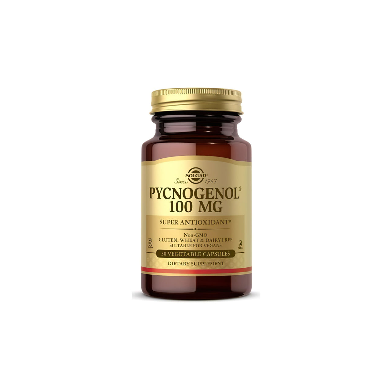 Eine Flasche Solgar Pycnogenol 100 mg 30 pflanzliche Kapseln, die die Gesundheit des Kreislaufsystems und des Gehirns fördern.