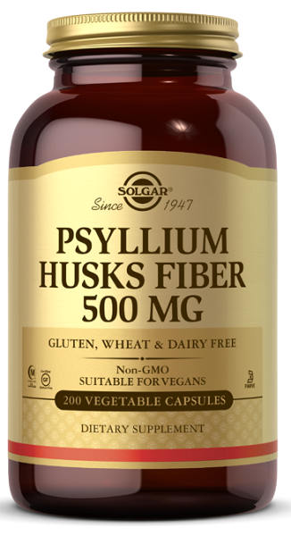 Eine Flasche Psyllium Husks Fiber 500 mg 200 Veggie-Kapseln, die die Gesundheit des Verdauungssystems fördern und bei der Gewichtsabnahme helfen, von Solgar.