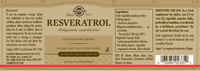 Thumbnail for Label for Solgar's Resveratrol 100 mg supplement, emphasizing its antioxidant properties and cardiovascular benefits. Features information on ingredients, dosage, and manufacturer. The product includes 60 vegetable capsules that are suitable for vegans and free from sugar, salt, or starch.