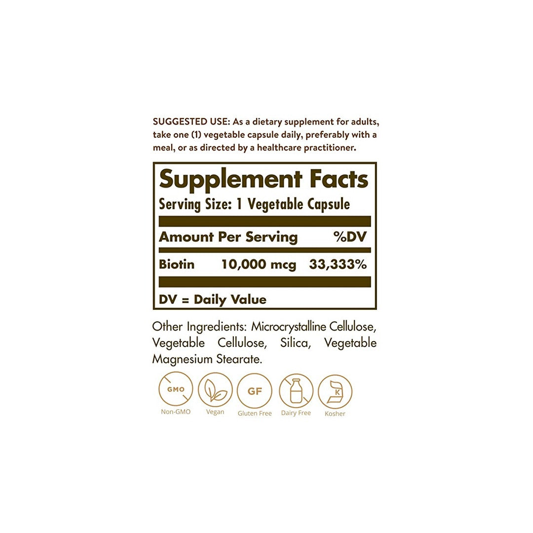 Ein Etikett mit den Inhaltsstoffen von Solgar's Biotin 10000 mcg 60 pflanzliche Kapseln Nahrungsergänzungsmittel.