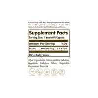 Vorschaubild für Ein Etikett mit den Inhaltsstoffen von Solgar's Biotin 10000 mcg 60 Vegetable Capsules Nahrungsergänzungsmittel.