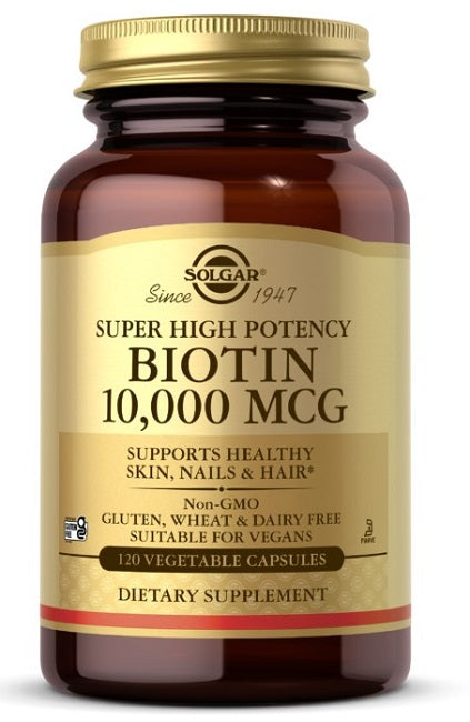 Super hochwirksames Nahrungsergänzungsmittel mit Biotin 10000 mcg in 120 pflanzlichen Kapseln von Solgar.