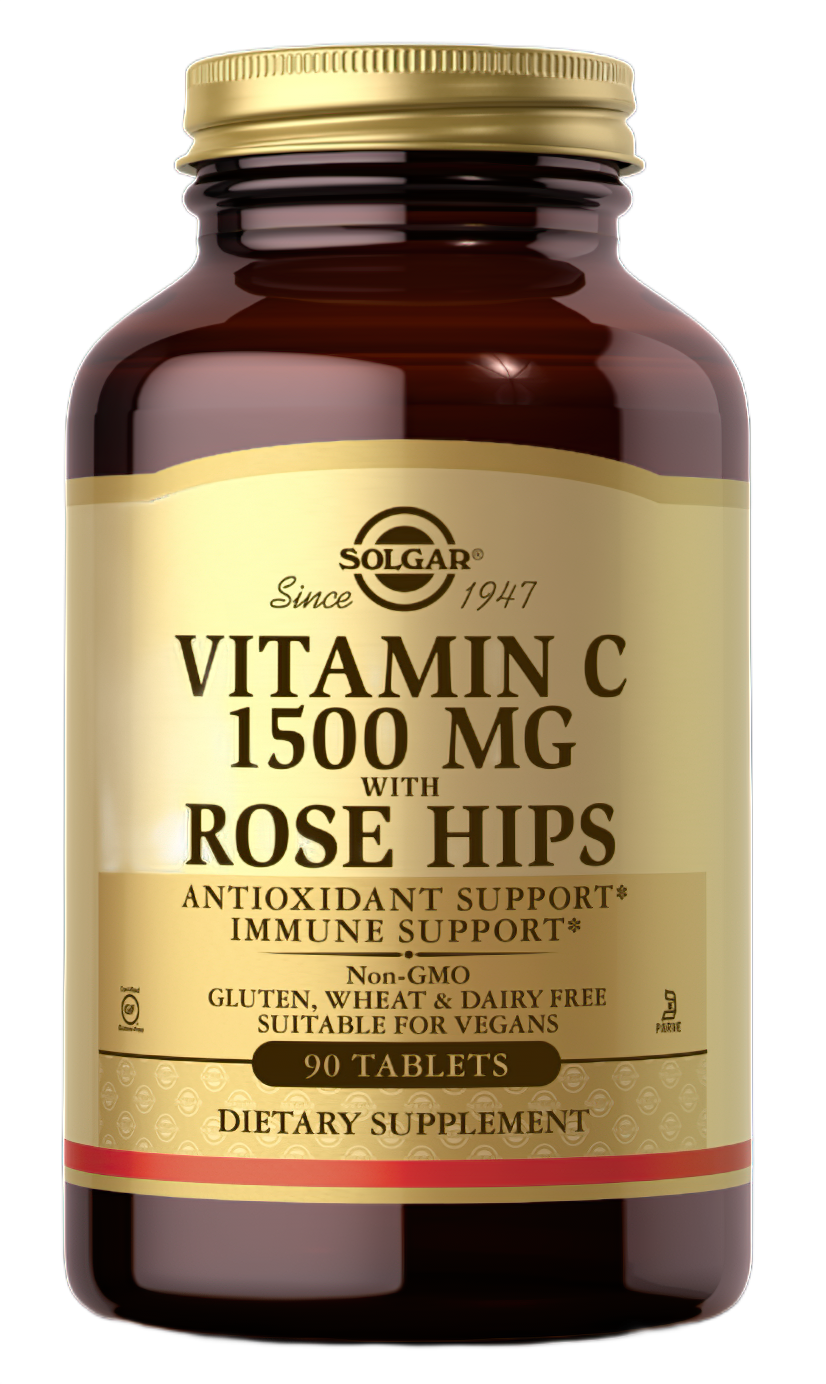 This Solgar supplement contains Vitamin C 1500 mg with Rose Hips 90 Tablets, known for their antioxidant properties that support a healthy immune system.