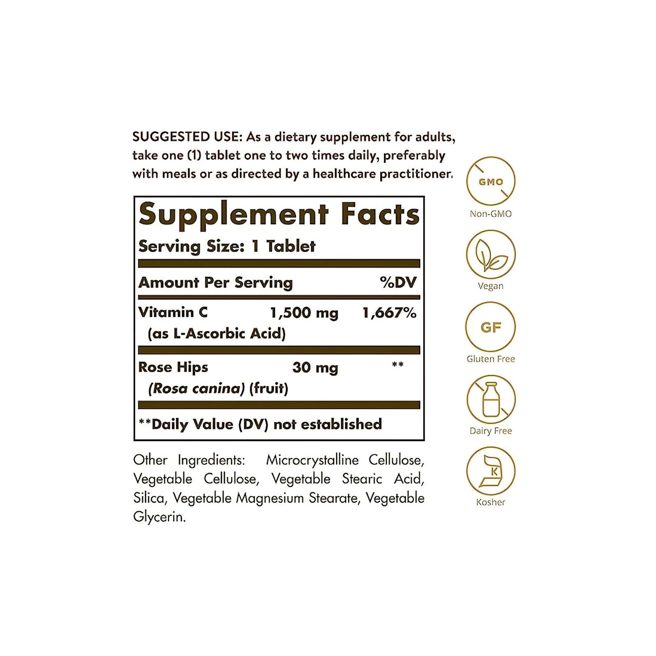 A Solgar label showing the ingredients and vitamin C content of the Vitamin C 1500 mg with Rose Hips 90 Tablets supplement that supports the immune system with antioxidants.