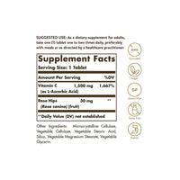 Thumbnail for A Solgar label showing the ingredients and vitamin C content of the Vitamin C 1500 mg with Rose Hips 90 Tablets supplement that supports the immune system with antioxidants.