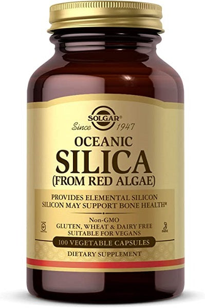 Eine Flasche Oceanic Silica 25 mg 100 pflanzliche Kapseln von Solgar, die gesunde Haare, Nägel, Knochen und Gelenke fördern.