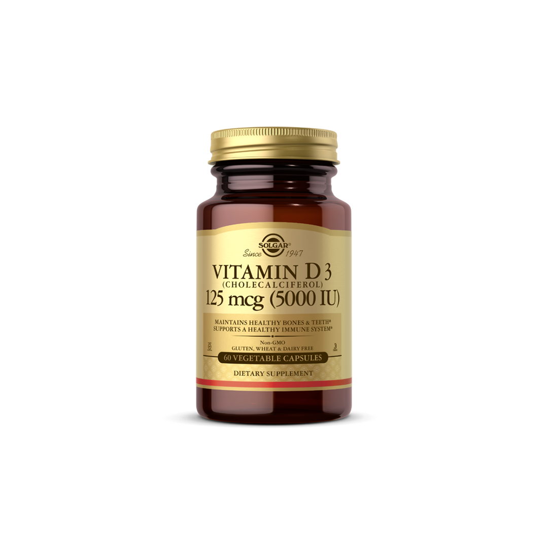 A bottle of Solgar Vitamin D3 (Cholecalciferol) 5000 IU (125 mcg) in vegetable capsules provides essential bone health benefits and supports the immune system.