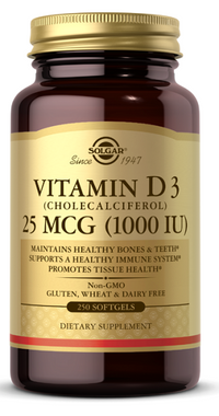 Thumbnail for Solgar Vitamin D3 1000 IU 250 softgel is an essential nutrient that promotes strong bones and supports a healthy immune system. It provides 1000 IU of vitamin D to ensure optimal levels for these important bodily functions.