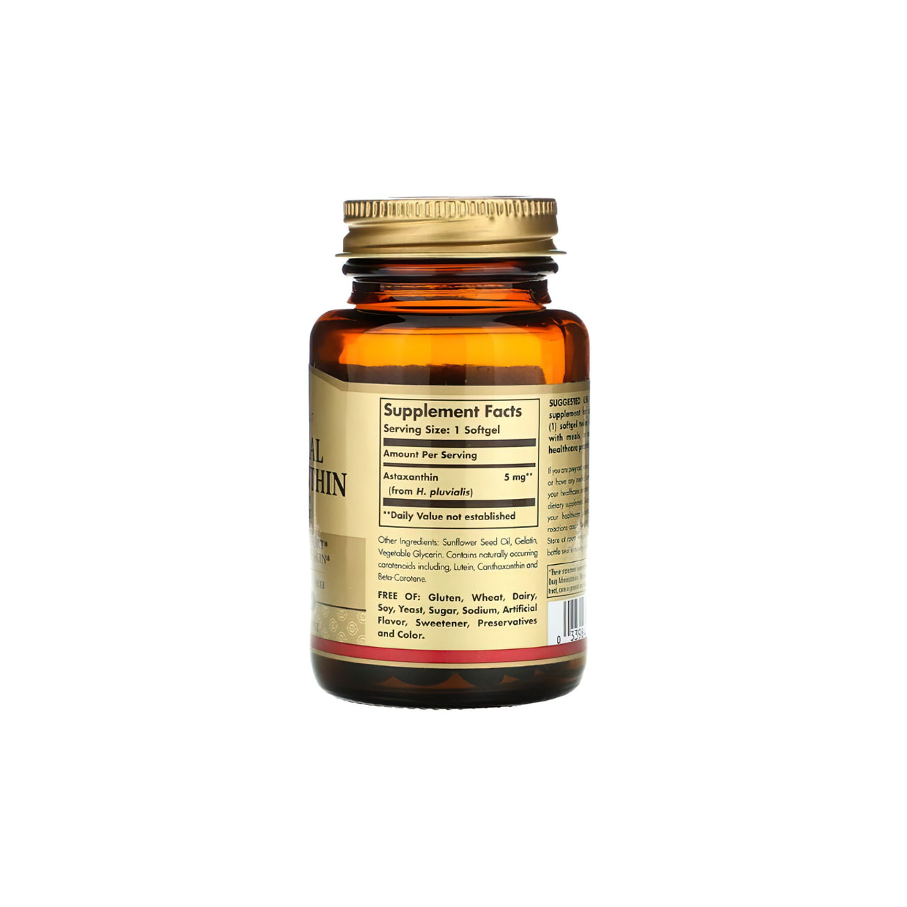 Eine Flasche mit antioxidativem Vitamin C, angereichert mit dem leistungsstarken Hautpflegestoff Solgar Natural Astaxanthi 5 mg 30 softgel, auf einem strahlend weißen Hintergrund.