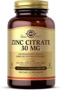 Thumbnail for Solgar Zinc Citrate 30 mg 100 Vegetable Capsules are a beneficial zinc supplement for supporting the immune system and maintaining healthy skin.